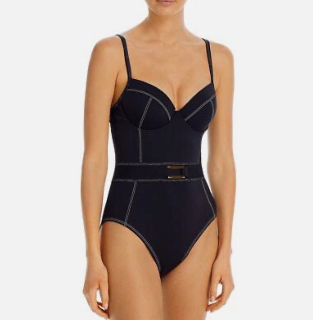 Bleu Rod Beattie Womens 4 Black Belted One Piece Swimsuit Gold Buckle NEW